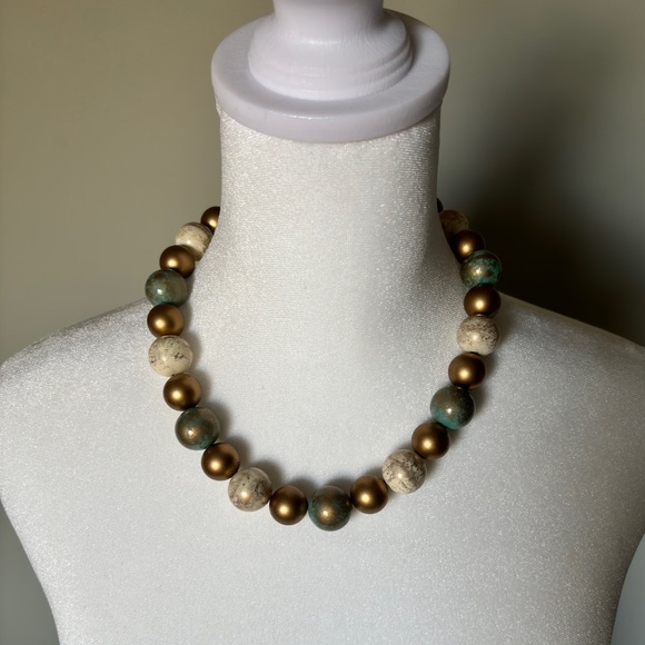 Jewelry - Chunky Wooden Bead Necklace with Gold and Turquoise Accents